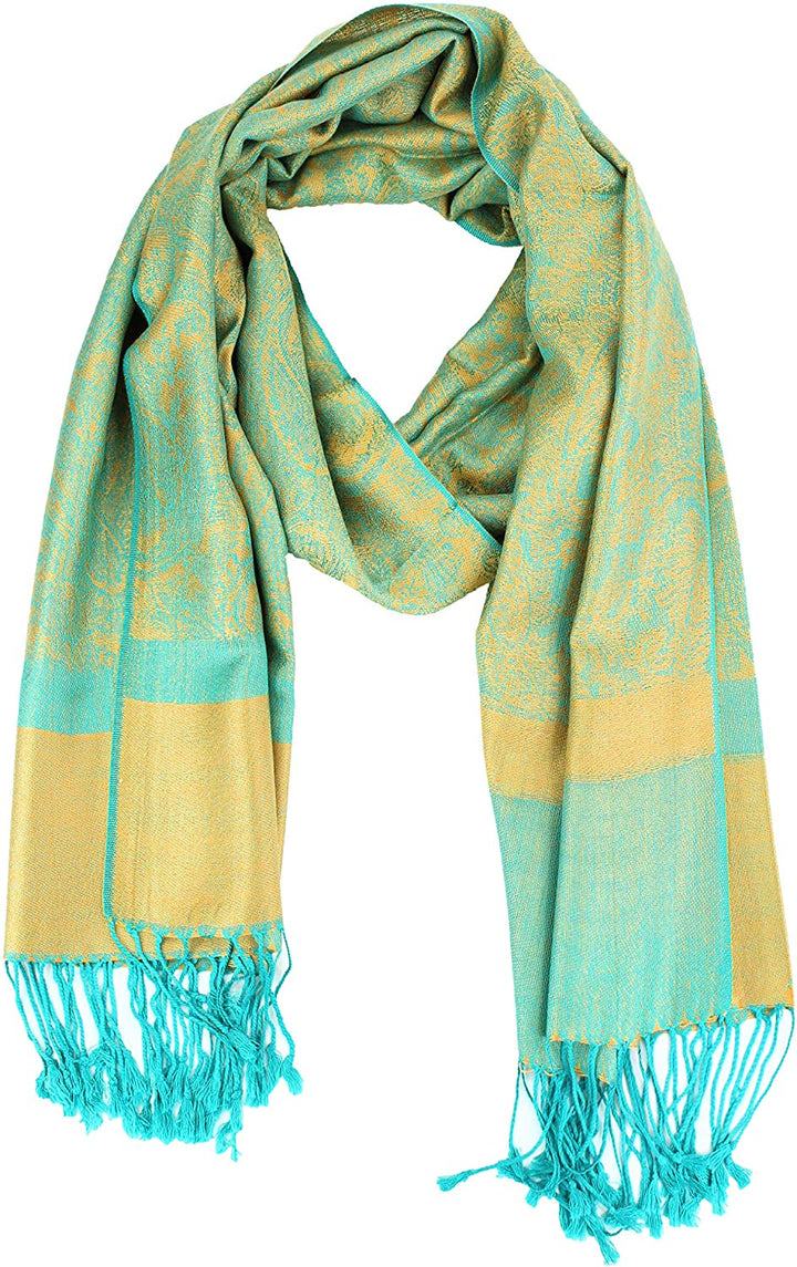 Teal and gold vintage jacquard paisley pashmina shawl wrap with intricate patterns.