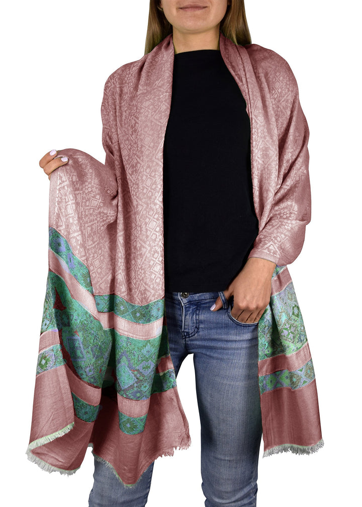 Pink Exclusive Silky Shiny Tribal Paisley Printed Fringe Scarf