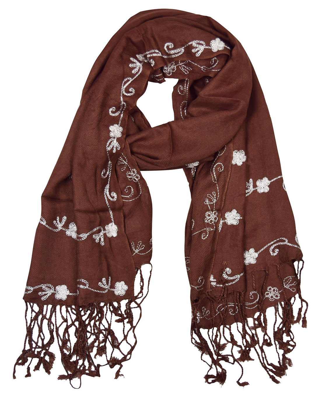 Lightweight sheer summer scarf featuring delicate white floral embroidery on a solid-colored rectangular fabric drape.