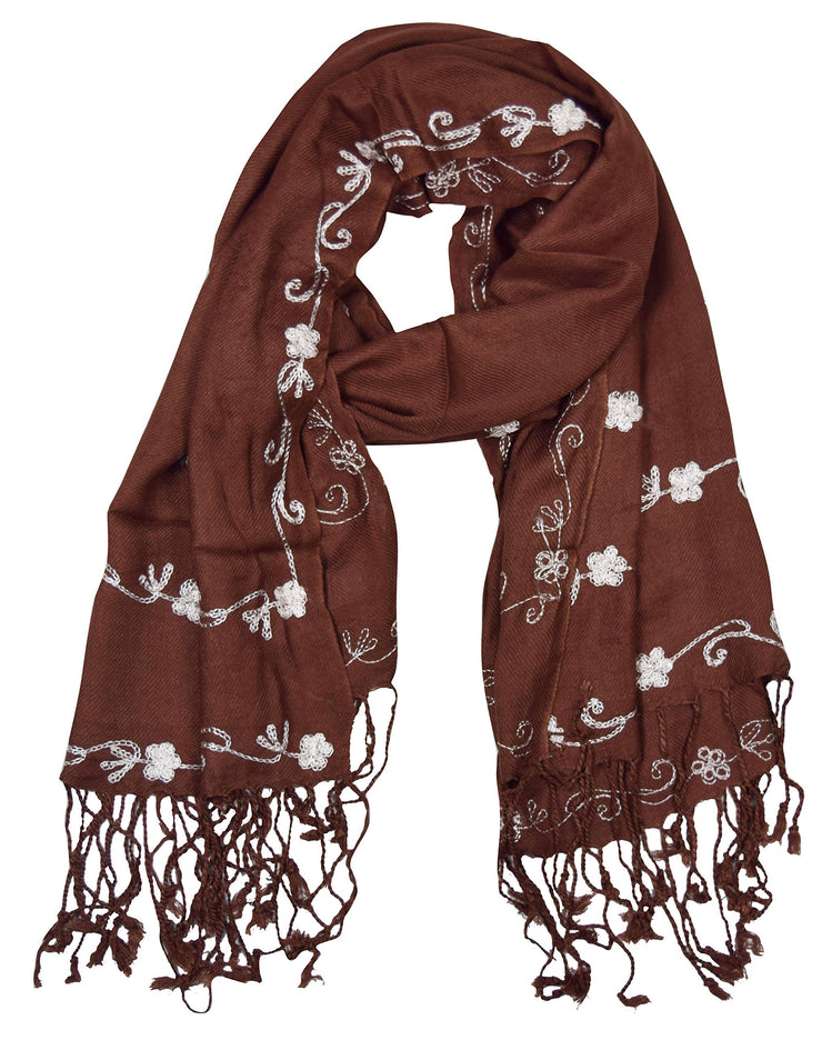 Chocolate Brown Vintage Floral Hand Embroidered Pashmina Shawl Scarf