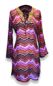 Peach Couture Bohemian Summer Tunic Beach Cover Up Dress with Embellished Neckline