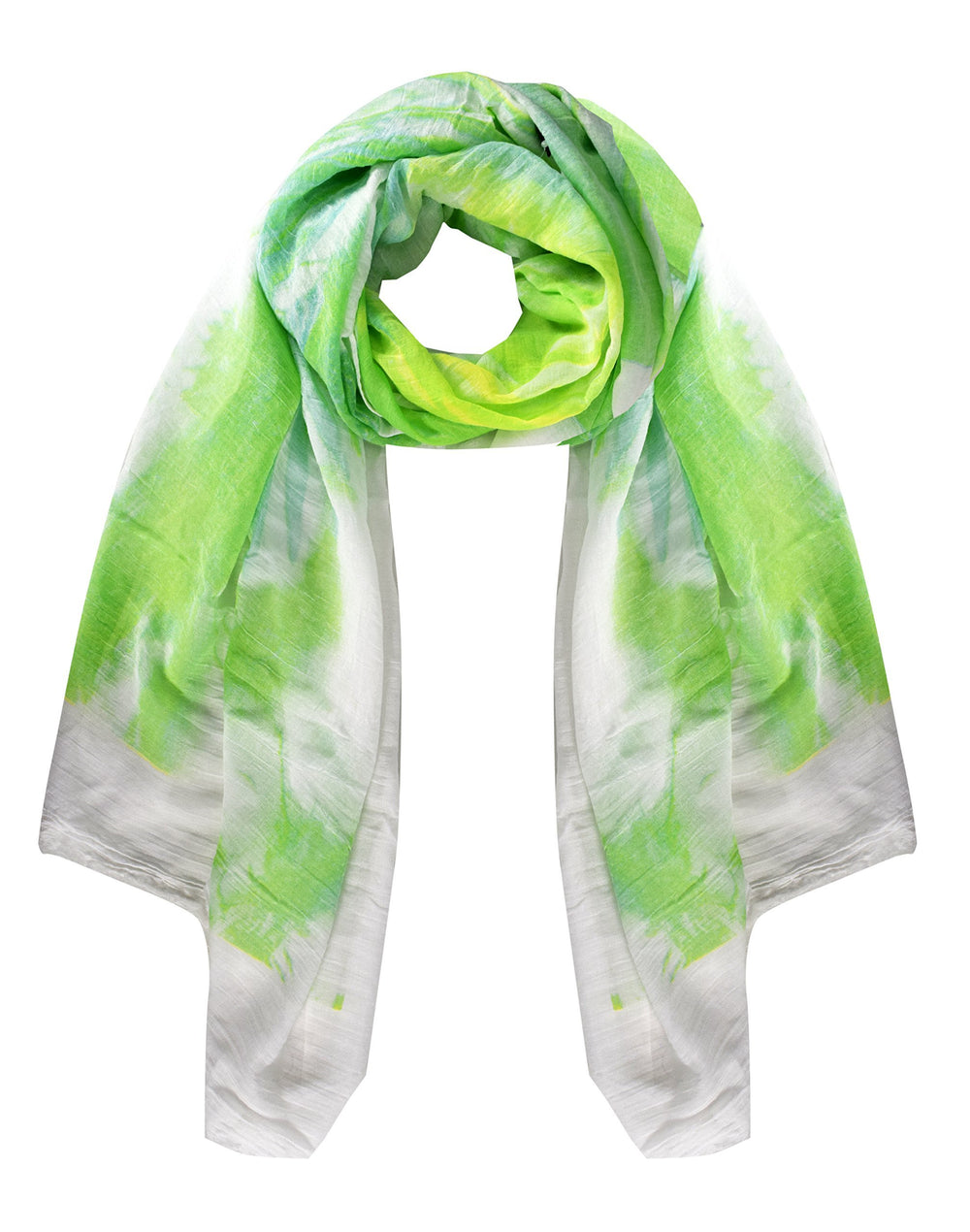 Vibrant green and yellow retro ruffled multicolor tie-dye printed fringe shawl wrap scarf