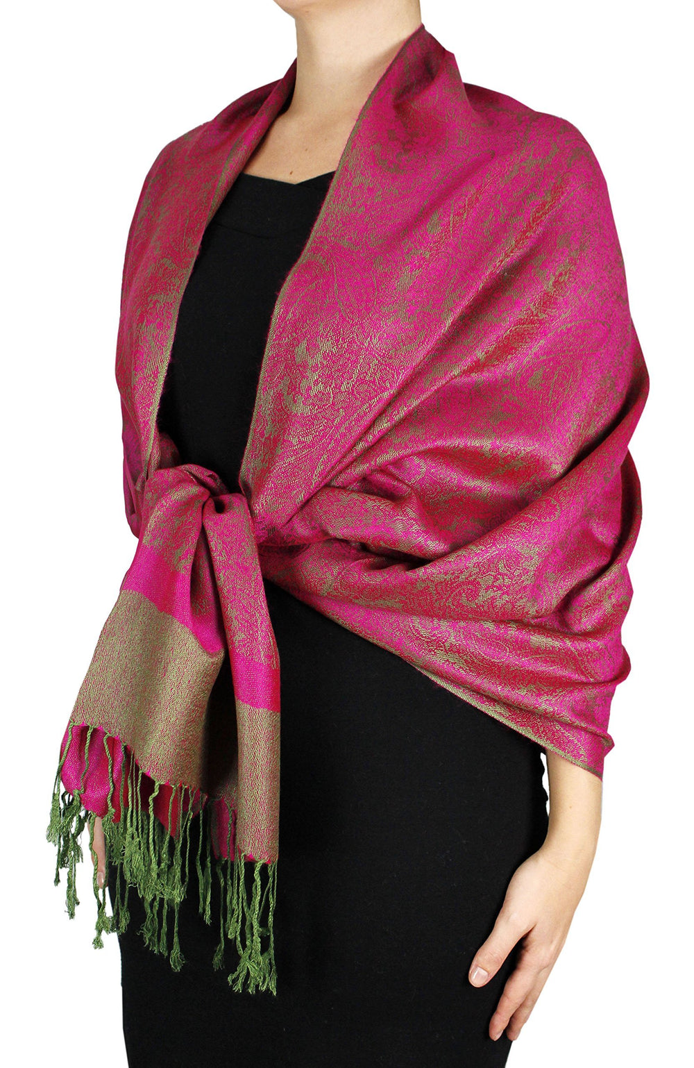 Elegant fuchsia and green peach jacquard paisley pashmina shawl wrap with a vintage design.