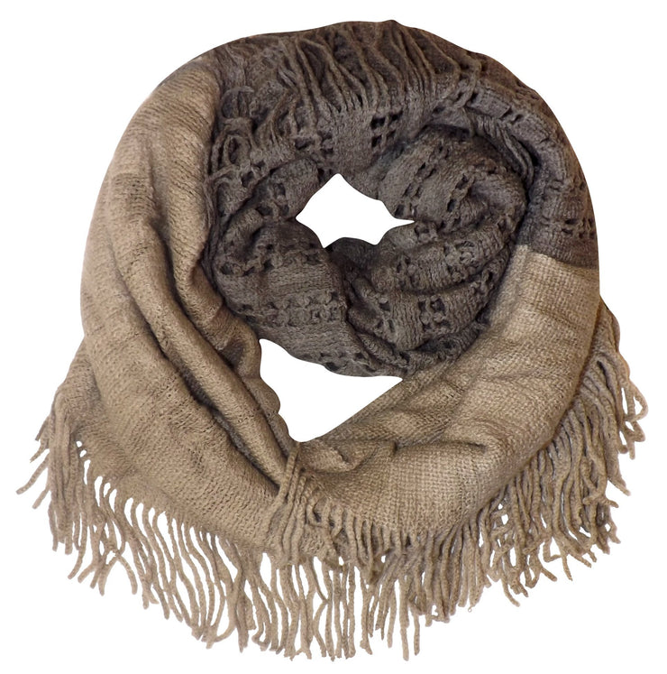 Taupe Square Peach Couture Warm Bohemian Crochet Hand Knitted Fringe Infinity Loop Scarf Wrap