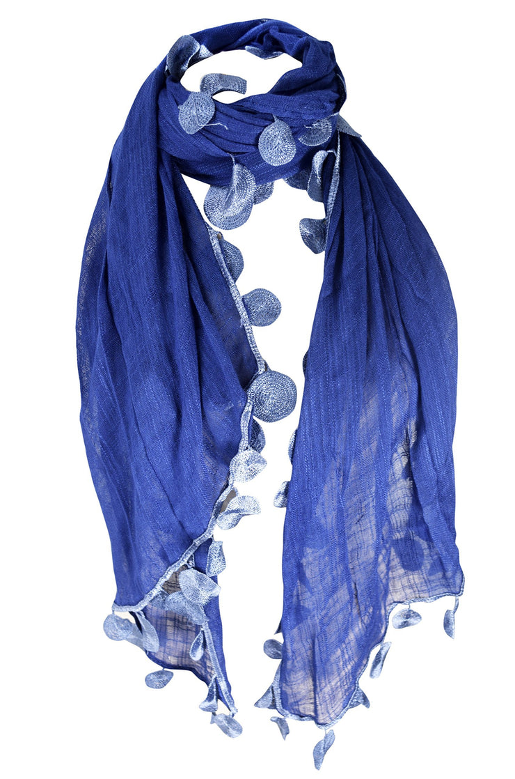 Blue All Seasons Chic Silk Feel Sheer Textured Scarf W/ Sphere Tassels