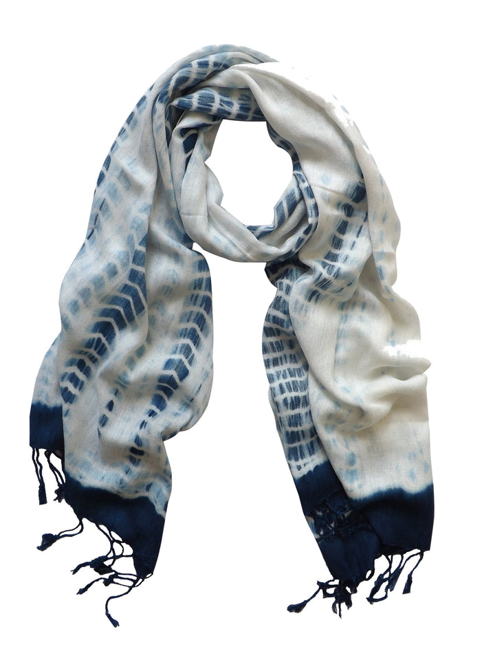 Handmade navy blue and white tie-dye pashmina shawl with fringed edges