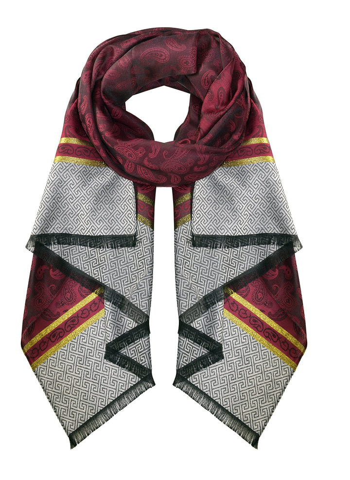 Wine Exclusive Silky Shiny Tribal Paisley Printed Fringe Scarf