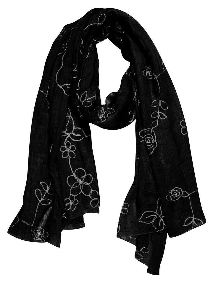 Sheer black shawl with peach rose floral embroidery and soft cloth texture