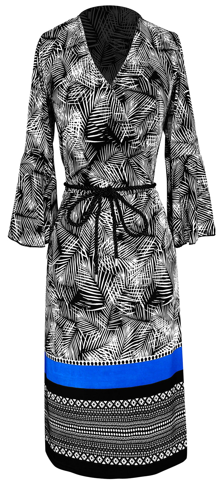 Boho Tribal Surplice Mid-Length Shift Dress with 3/4 Bell Sleeves (XL, Black & White)
