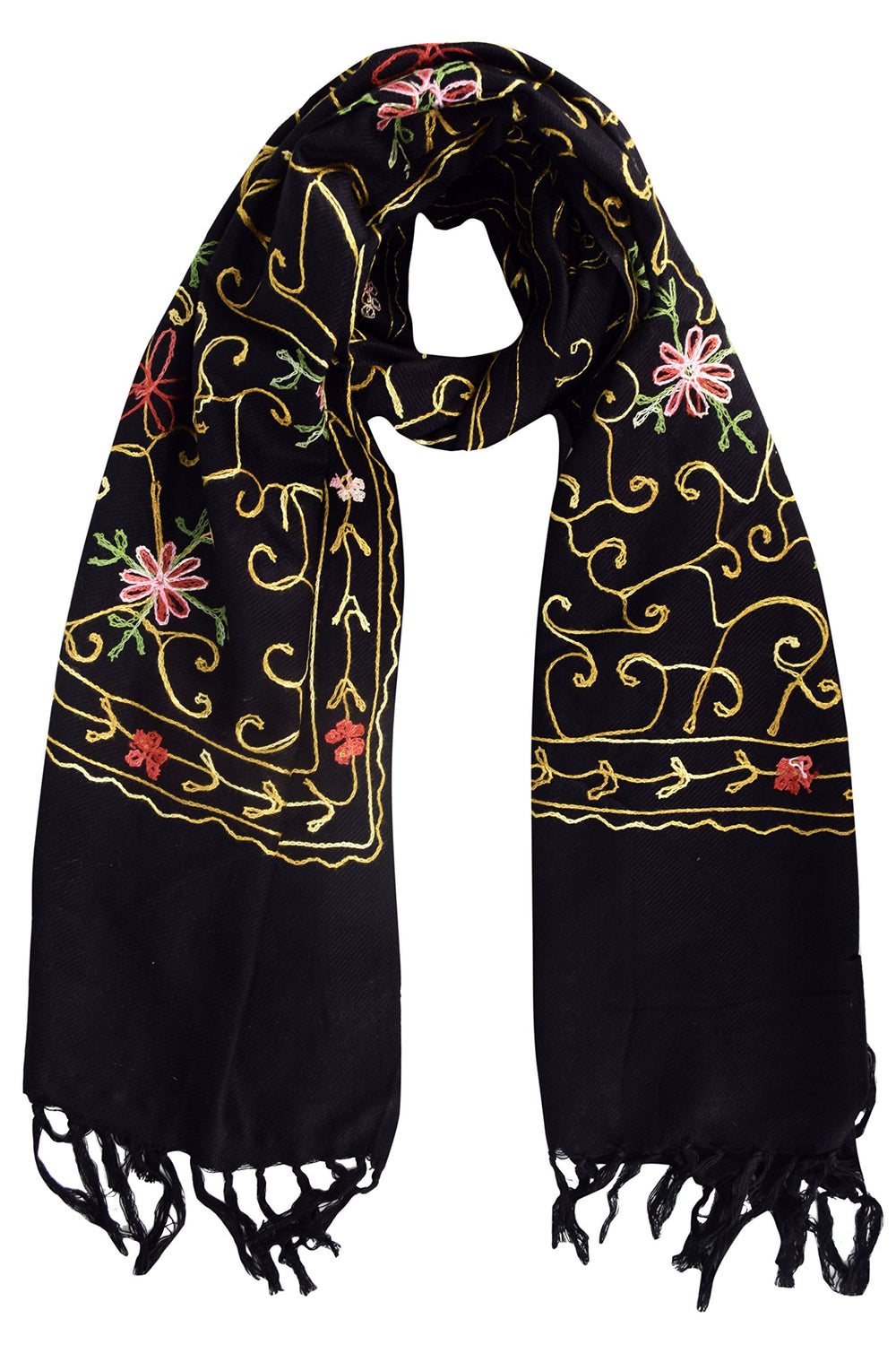 Hand-embroidered floral designs on a soft wool pashmina shawl featuring delicate fringe details