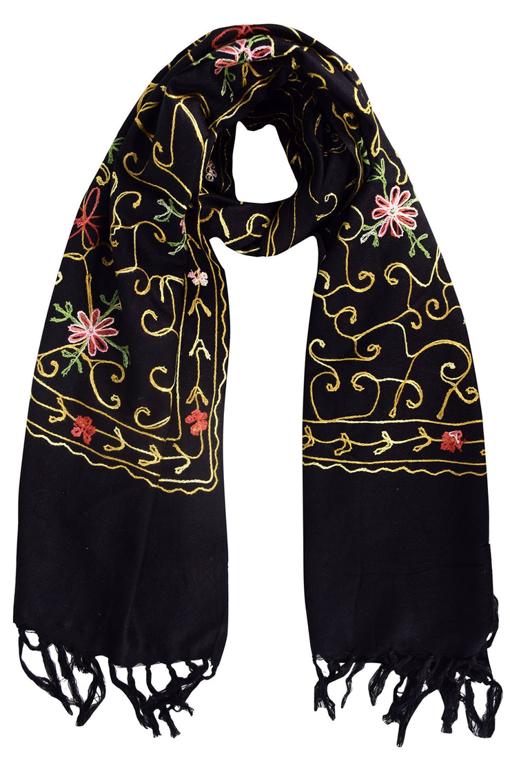 Black Womens Exquisite Embroidered Flower Wool Pashmina Scarf Wrap Shawl