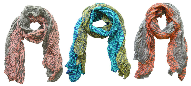 Grey/Salmon, Grey/Pink, Teal/Yellow Peach Couture All Seasons Retro Zebra and Leopard Print Crinkle Scarf