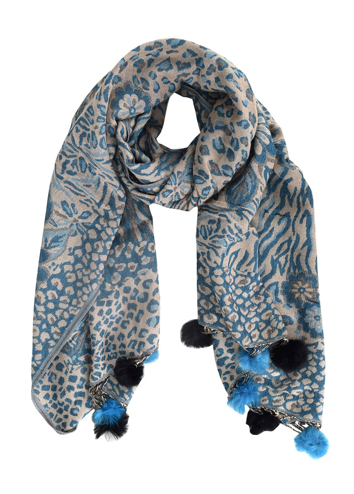 Retro Floral Animal Print Pashmina with Faux Fur Poms