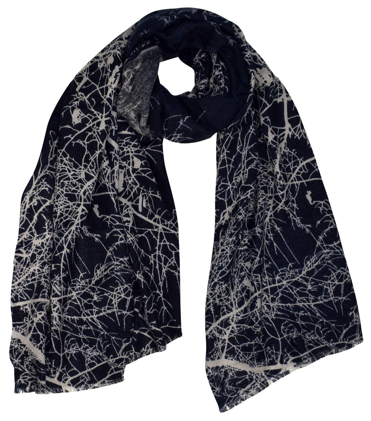 Winter Tree Navy Soft and Sheer Wool Blend Scarf Shawl Wrap
