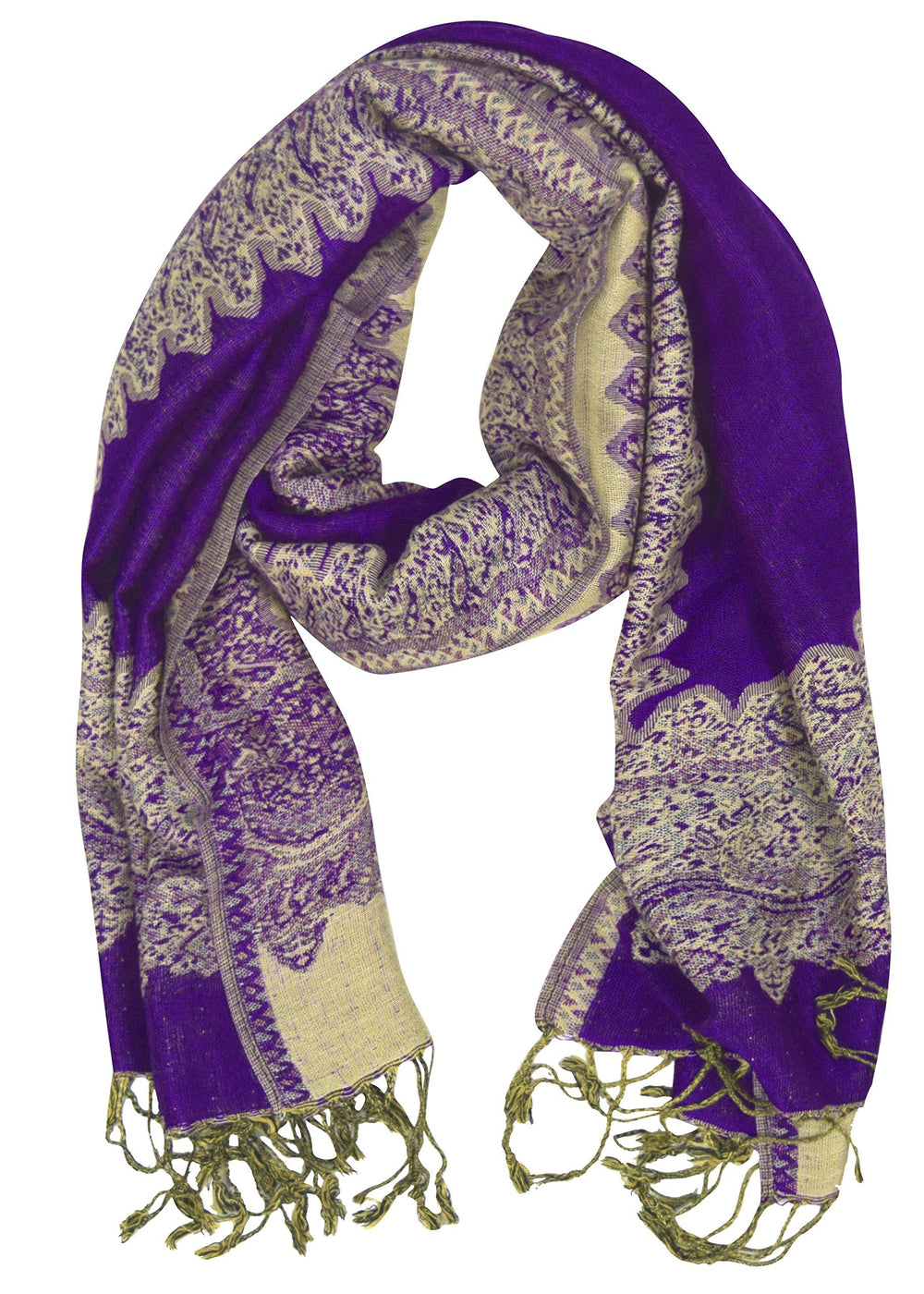 Purple and light gold silky soft reversible paisley pashmina shawl with braided fringe.