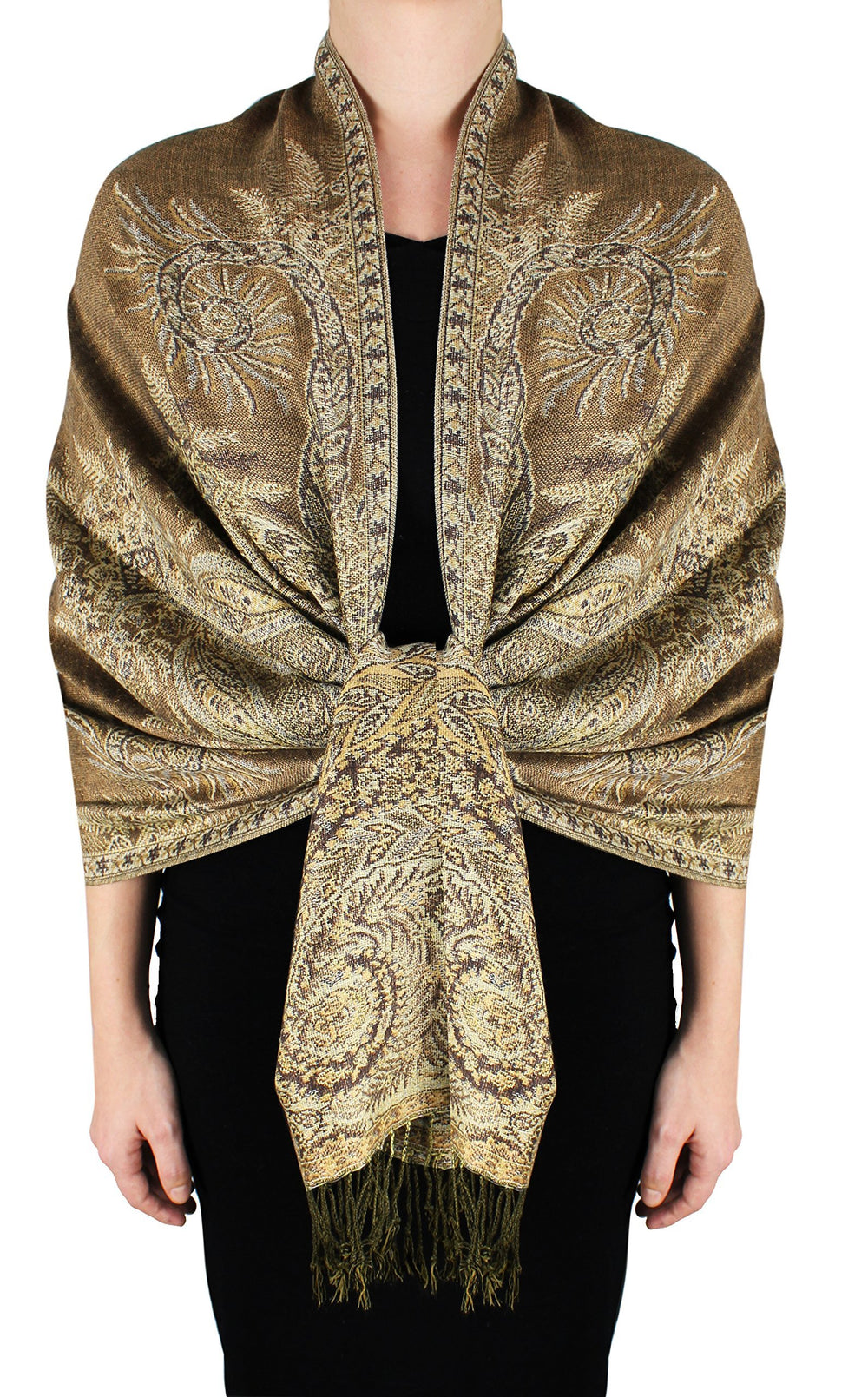 Soft pashmina shawl in tan featuring a vintage Persian paisley print and elegant fringed edges.