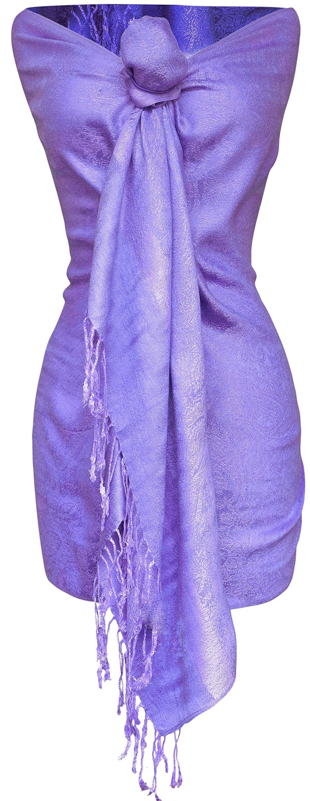 Elegant purple double layer jacquard paisley pashmina shawl with intricate floral patterns and fringe tassels.