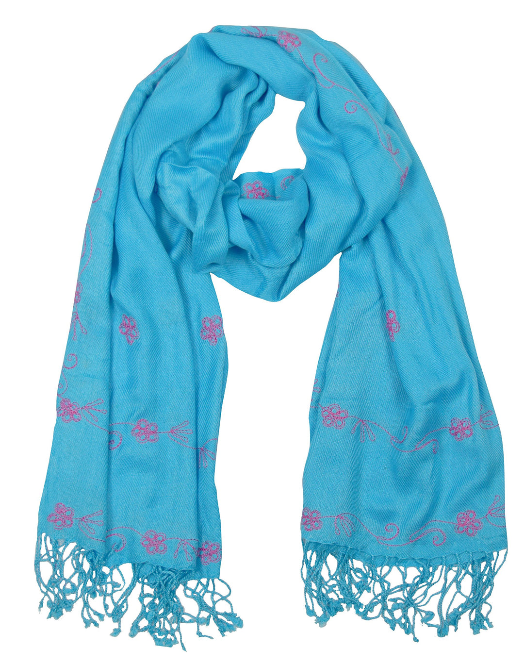 Intricate floral hand-embroidery on a vintage pashmina shawl with delicate needlework details and fringed edges