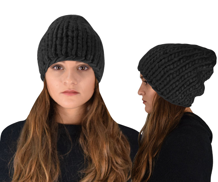 Soft Super Chunky Cable Knit Hat Beanie Double Braid Stitch Black