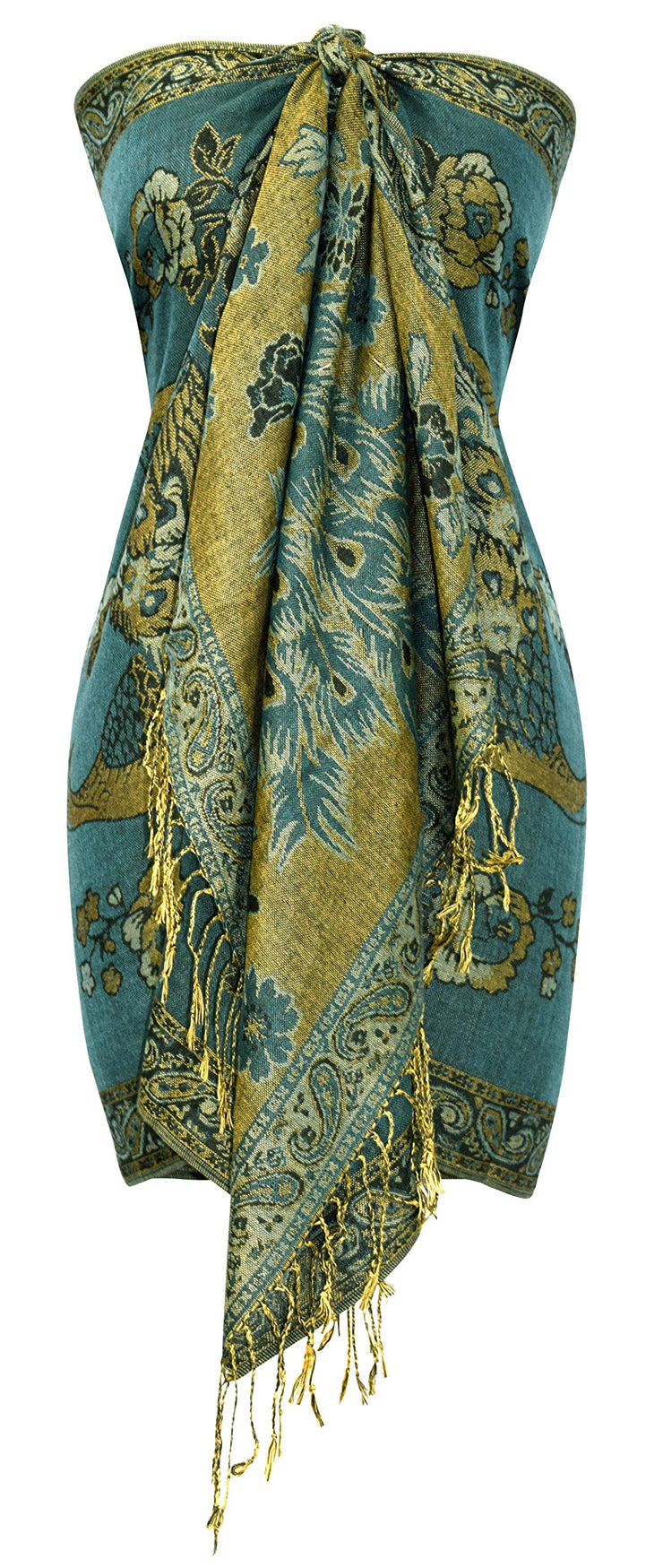 Floral Peacock Reversible Shimmer Layered Pashmina Wrap Shawl Scarf