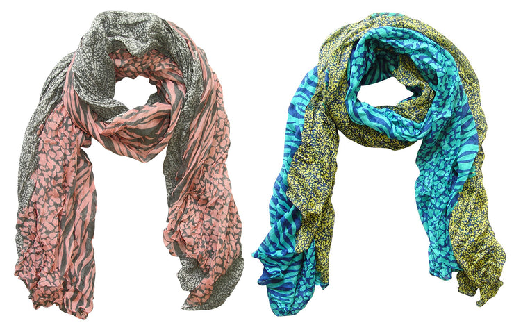 Grey/Pink, Teal/Yellow Peach Couture All Seasons Retro Zebra and Leopard Print Crinkle Scarf