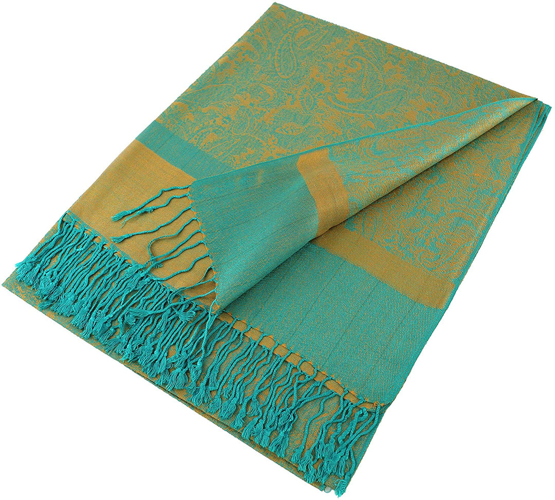 Elegant vintage jacquard paisley pashmina shawl wrap with fringe in teal and gold.