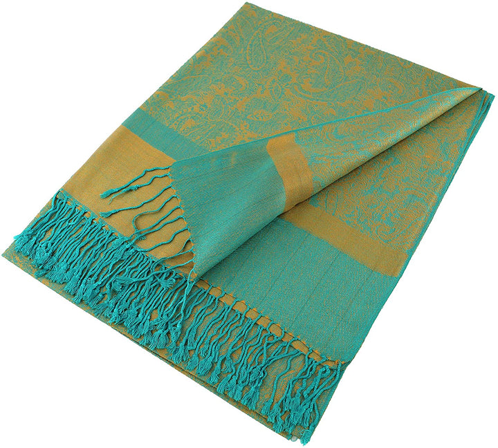 Elegant vintage jacquard paisley pashmina shawl wrap with fringe in teal and gold.