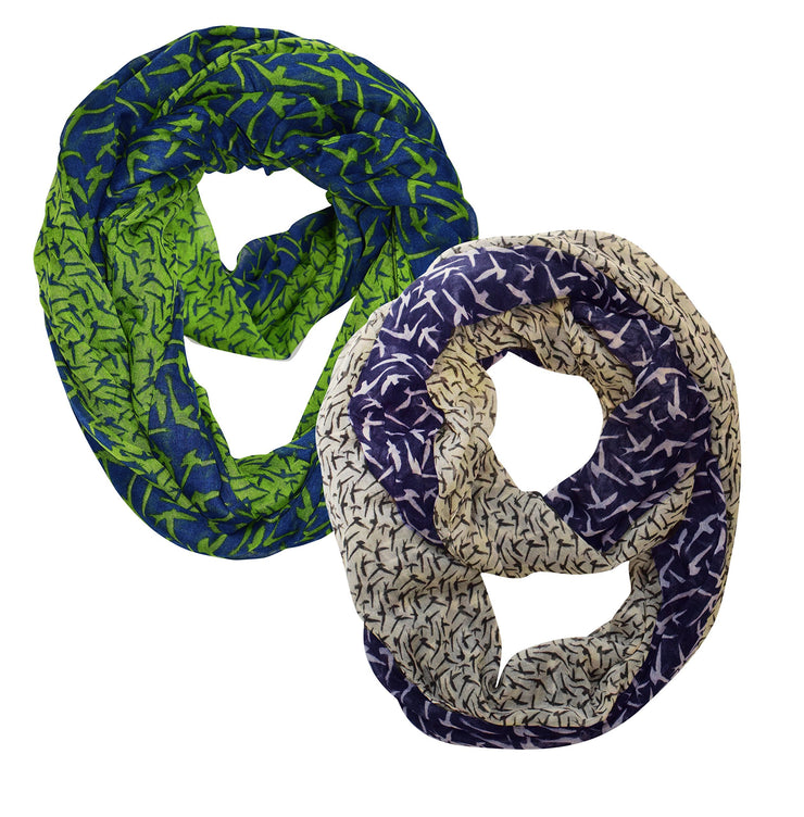 Navy Green and Navy Cream Peach Couture Beautiful Vintage Two Colored Bird Print Infinity Loop Scarf 2 pack