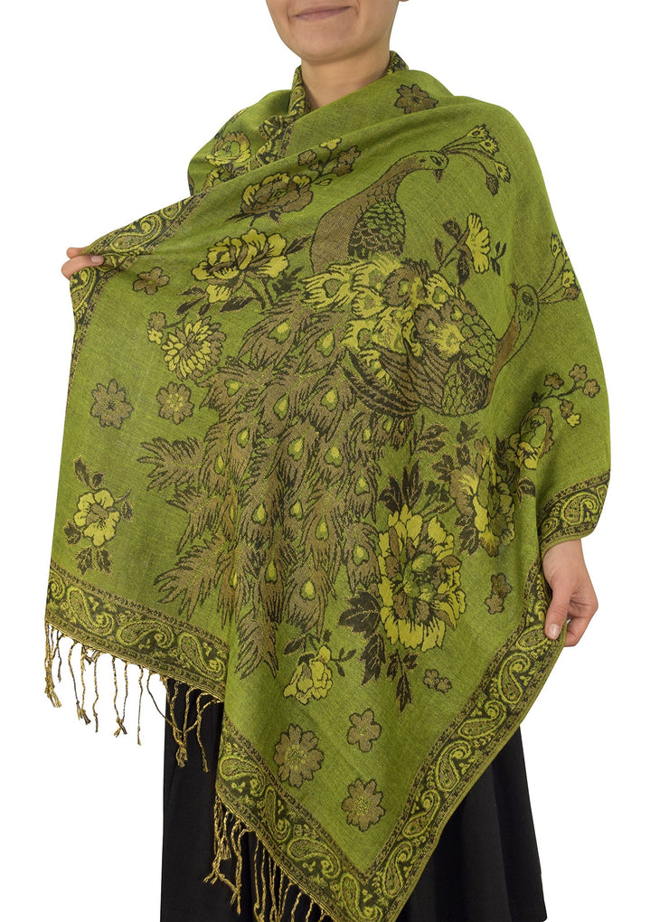 Olive Floral Peacock Reversible Shimmer Layered Pashmina Wrap Shawl Scarf