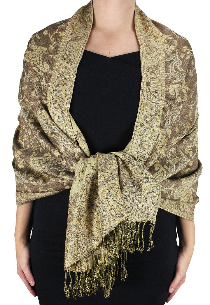 Elegant double layer reversible pashmina shawl wrap with a detailed paisley pattern and fringed trim.