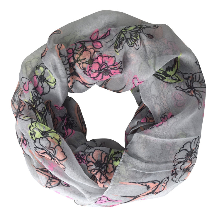 Gray Adorable Pastel Colored Cherry Blossom Birds Infinity Loop Scarf