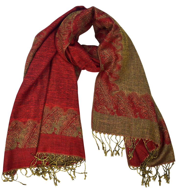 Reversible jacquard paisley pashmina shawl wrap in red and taupe for women.