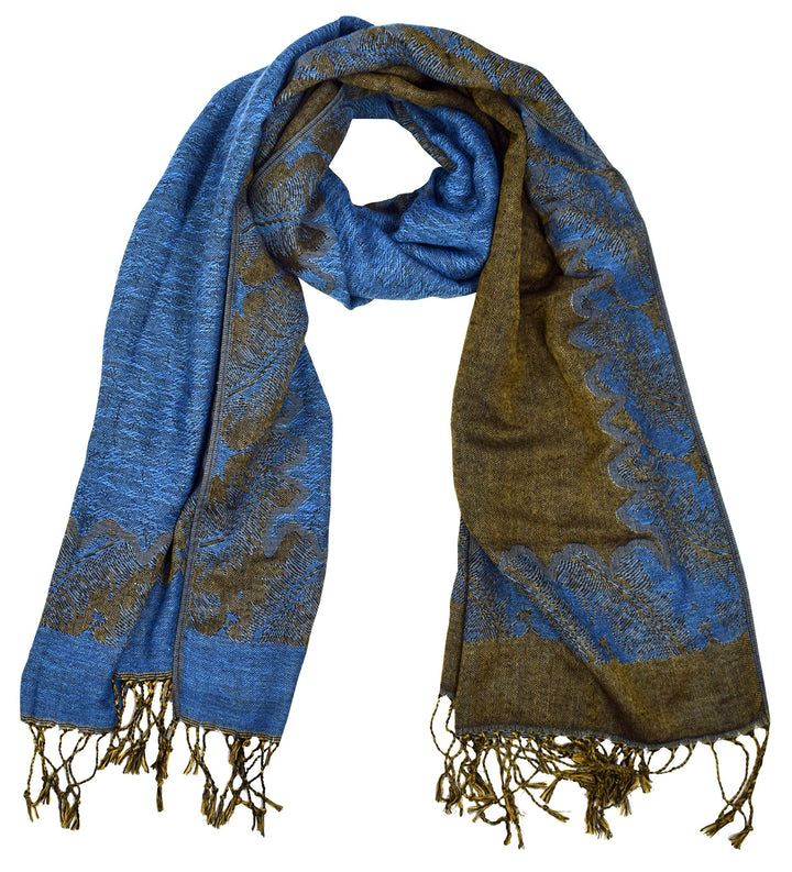 Reversible jacquard paisley shawl wrap pashmina in blue, olive, and peach.