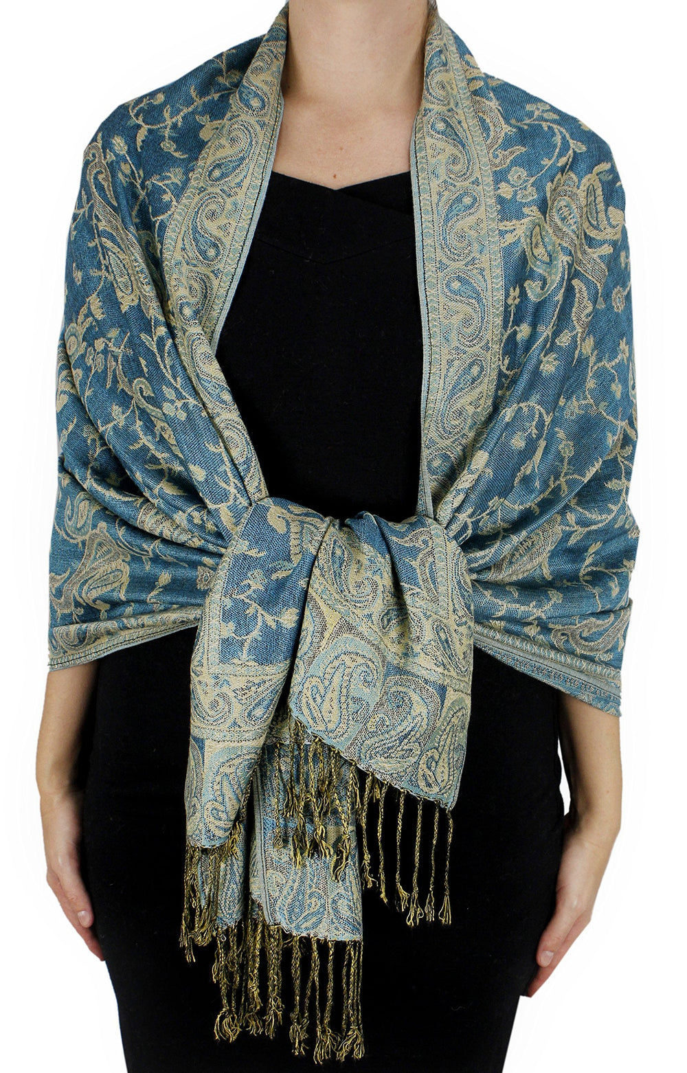 Double layer reversible pashmina shawl wrap with an intricate turquoise and peach paisley pattern and fringed edges.
