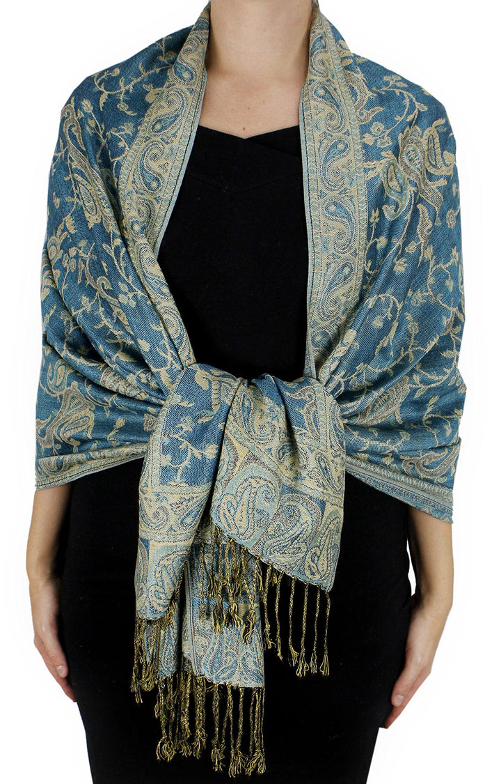 Double layer reversible pashmina shawl wrap with an intricate turquoise and peach paisley pattern and fringed edges.
