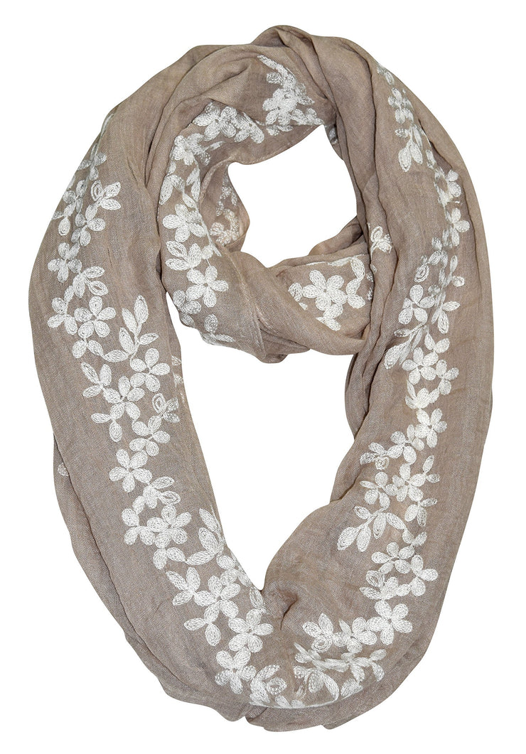 Daisy Taupe Sheer Soft Cloth Floral Embroidered Flower Infinity Loop Scarf