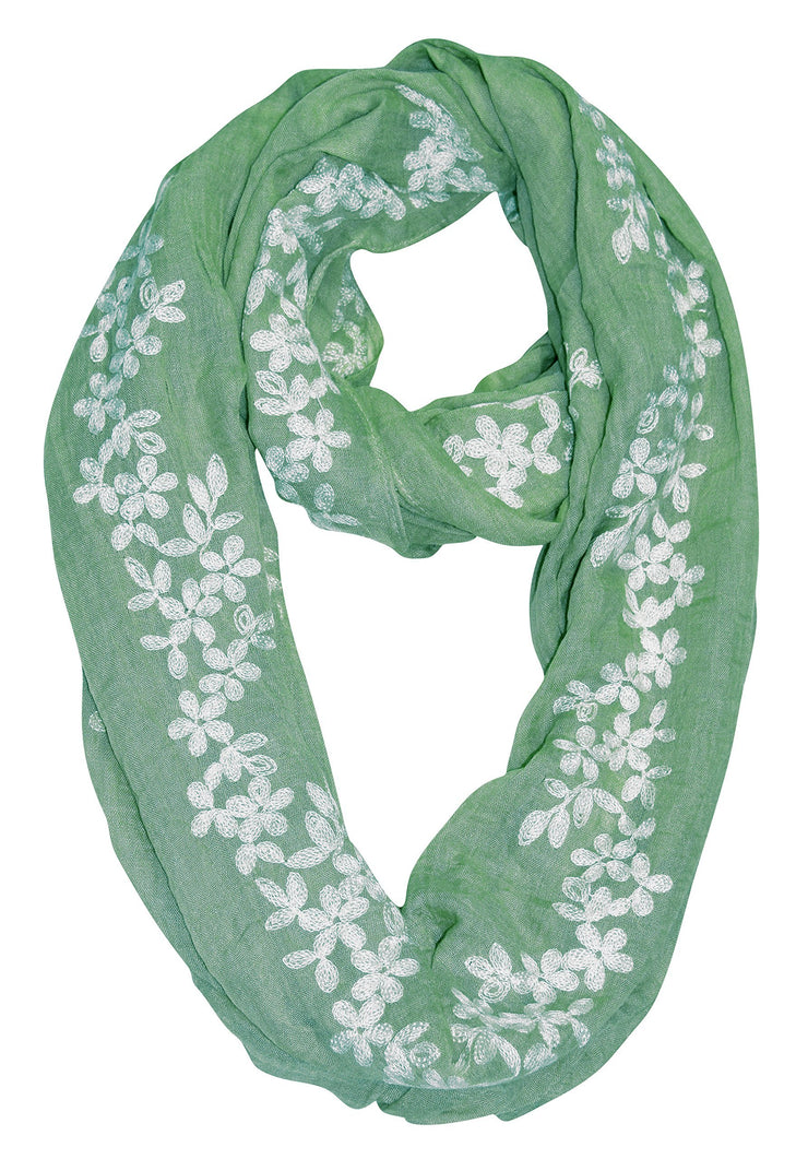 Daisy Mint Sheer Soft Cloth Floral Embroidered Flower Infinity Loop Scarf
