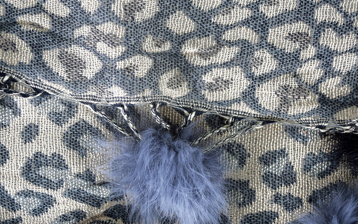 Retro Floral Animal Print Pashmina with Faux Fur Poms