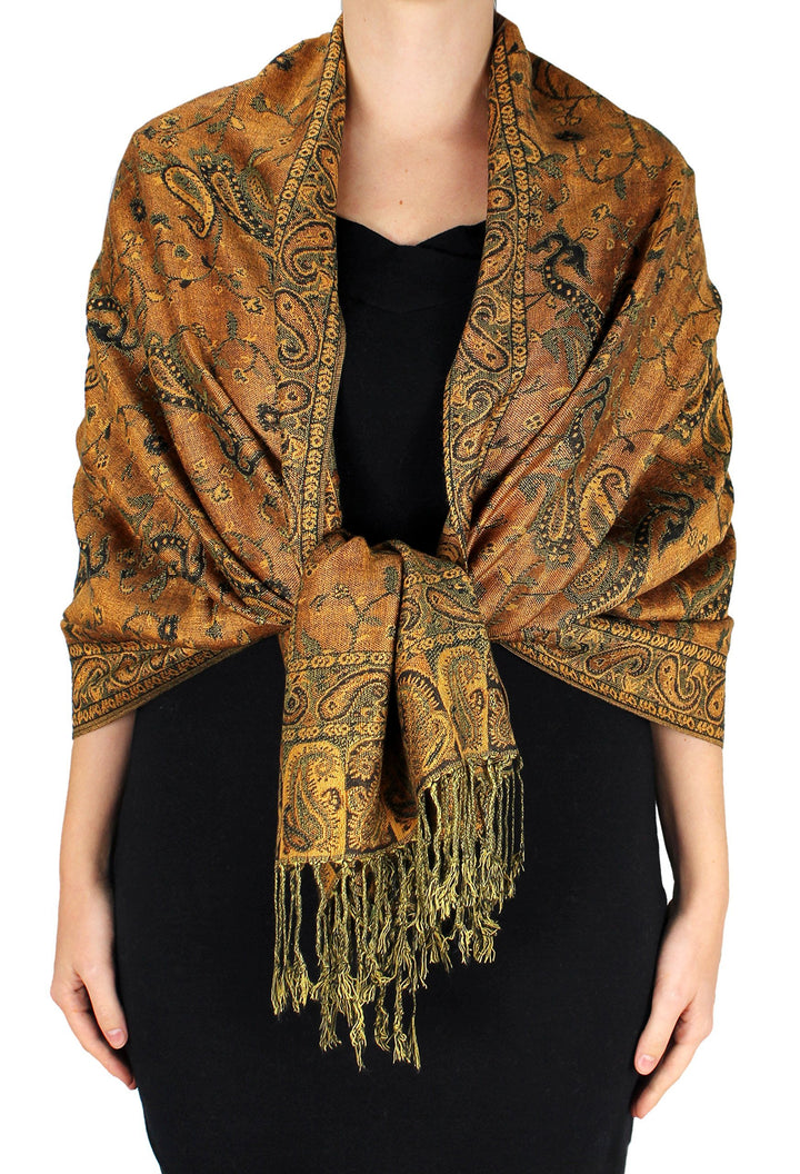 Double layer reversible paisley pashmina shawl wrap scarf in orange and forest green.