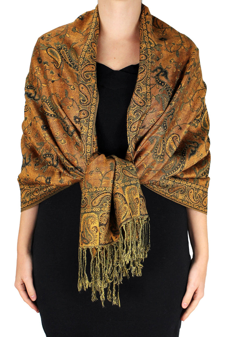 Orange and Forest Green Peach Couture Elegant Double Layer Reversible Paisley Pashmina Shawl Wrap Scarf