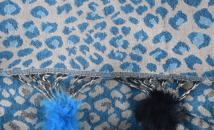 Retro Floral Animal Print Pashmina with Faux Fur Poms