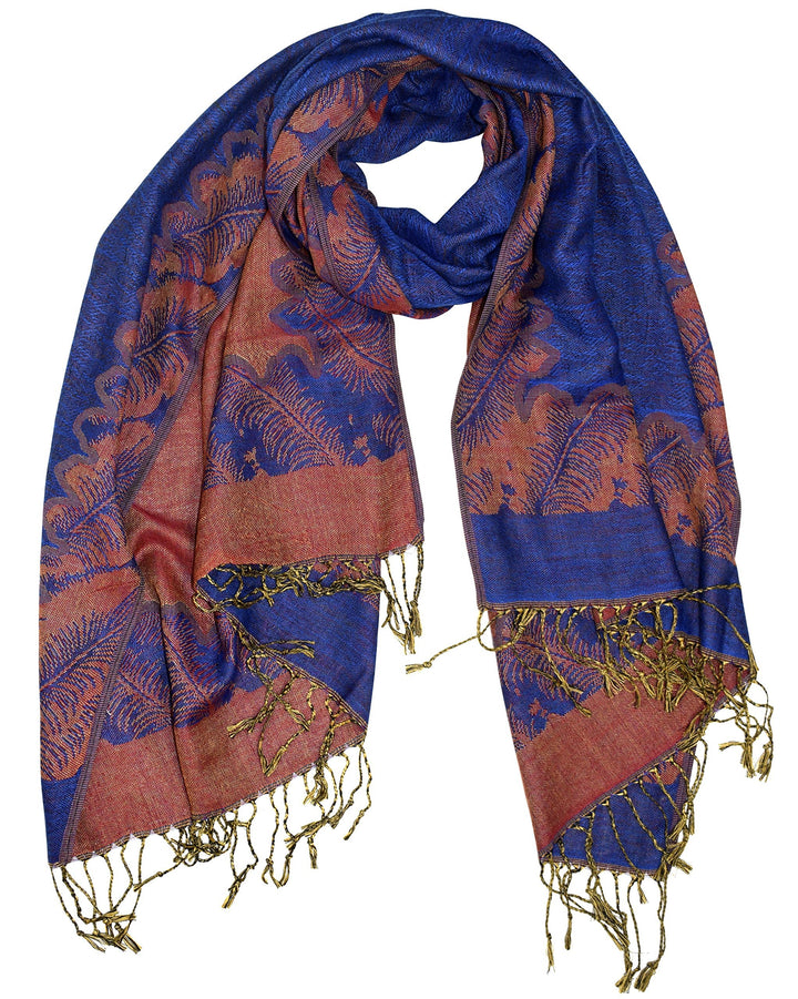 Reversible jacquard paisley pashmina shawl wrap in royal blue and rust.