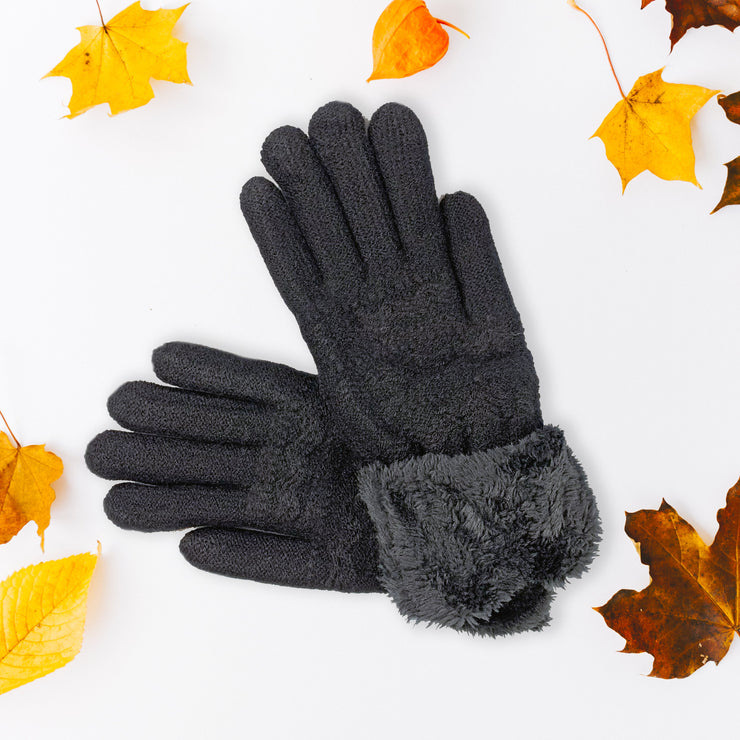 Women's Fleece-Lined Cable Knit Plush Gloves - Black
