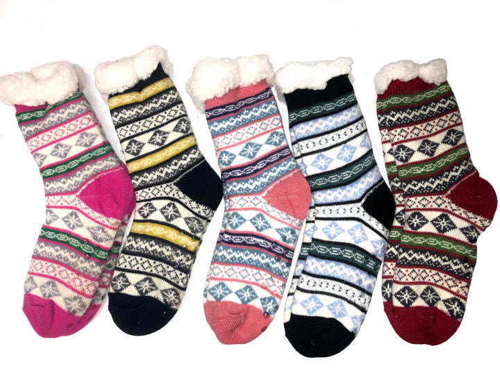 Winter Super Warm Cozy Knitted Sherpa Lined with Grippers Bootie Slipper Socks