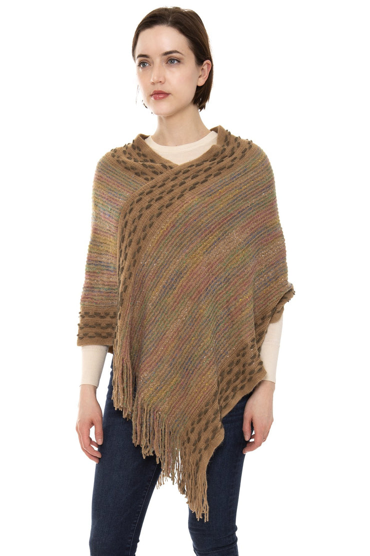 Annona Solid/Multi-Color Lurex Knitted Poncho W/ Fringe