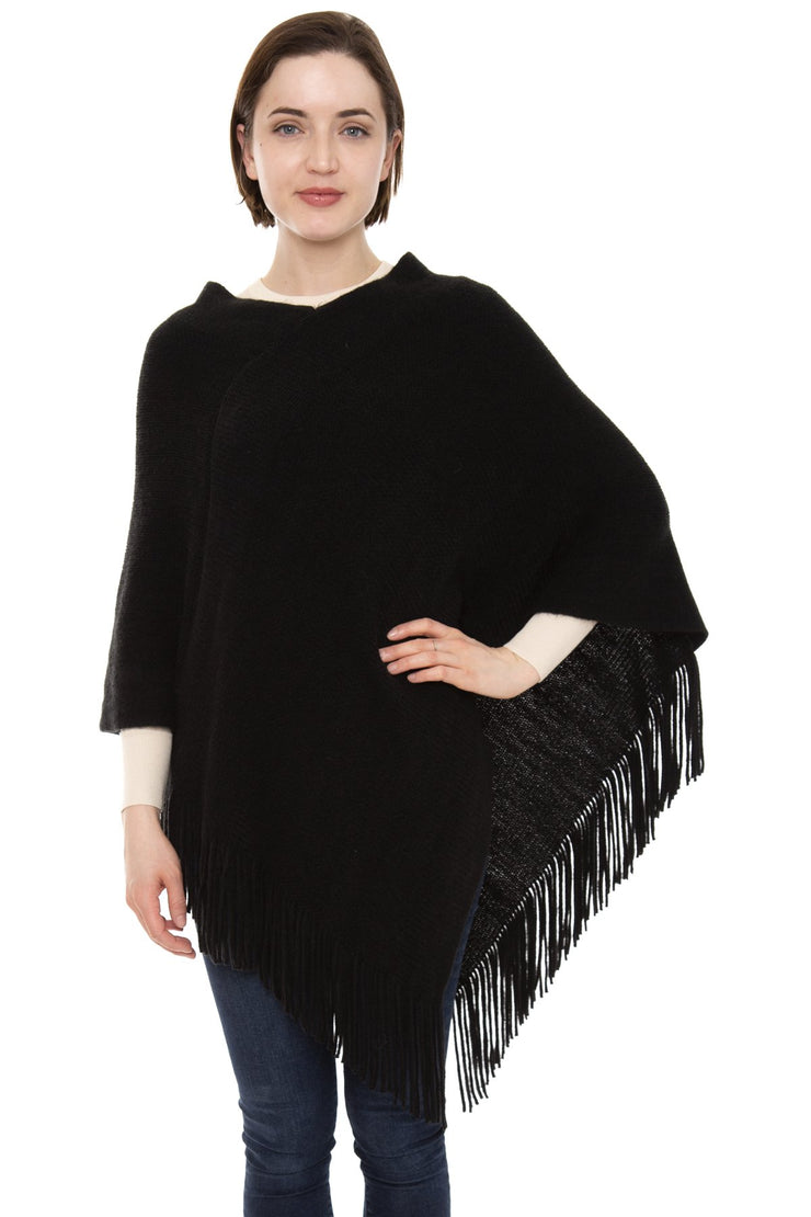 Russel Solid Color Knitted Poncho W/ Fringe