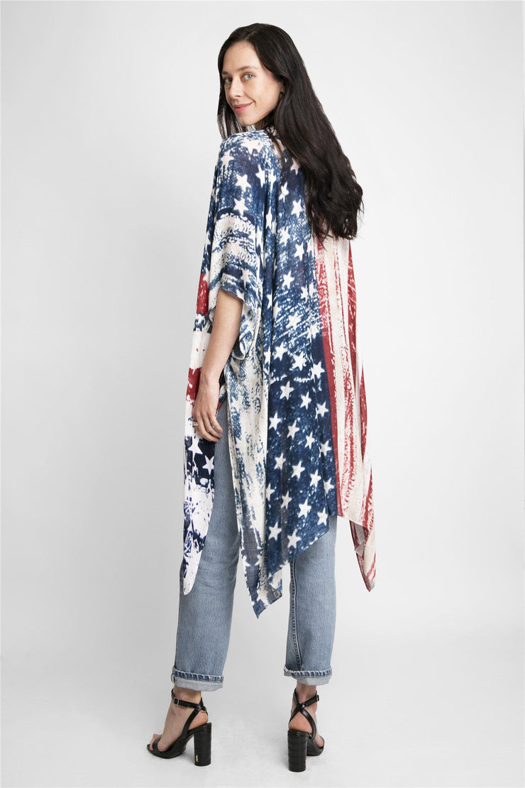 "Jil" American Flag Print Long Kimono