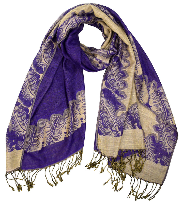 Elegant reversible pashmina shawl wrap with a purple and tan jacquard paisley pattern for women.