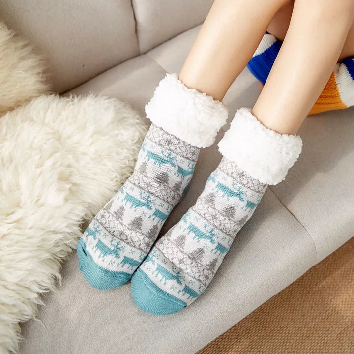 Winter Super Warm Cozy Knitted Sherpa Lined with Grippers Bootie Slipper Socks - One Pair