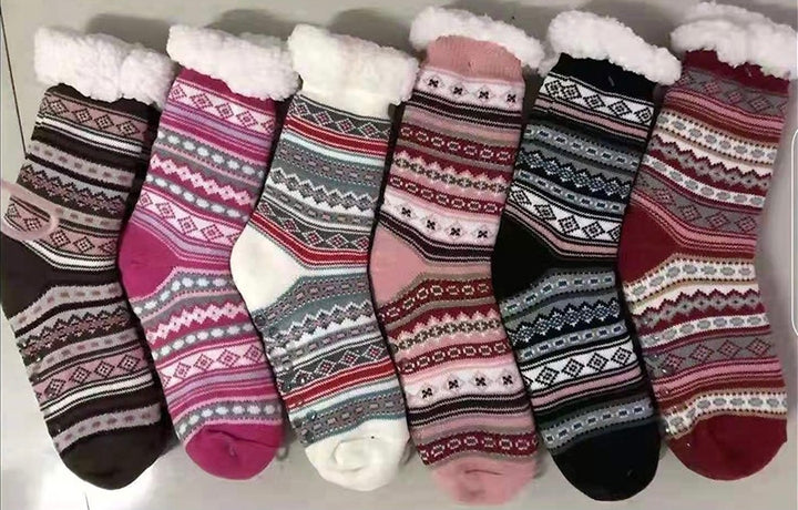 Winter Super Warm Cozy Knitted Sherpa Lined with Grippers Bootie Slipper Socks